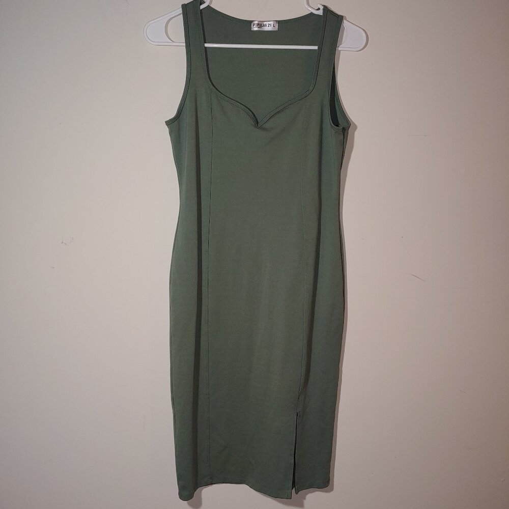Popular21 Rib-knit Sweetheart Bodycon Sleeveless Maxi Dress Size L Greenish Grey